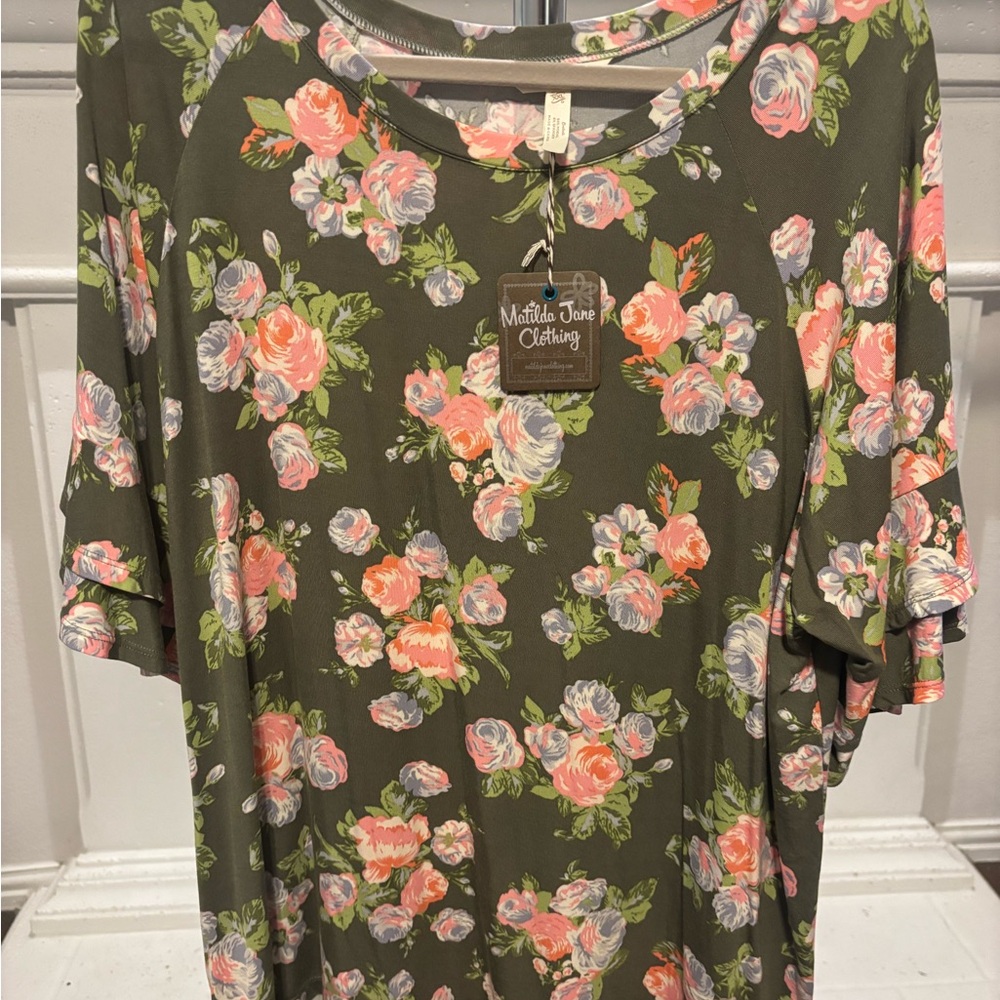 Matilda Jane Women's Top - Olive Green with Pink Floral